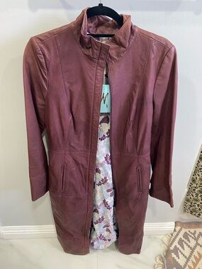 Marciano Mauve Leather Long Coat with Stand Collar